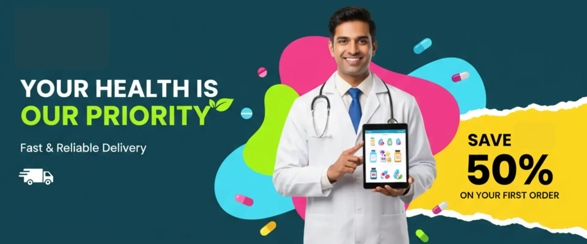 PakMeds banner that shows 50% discount on orders