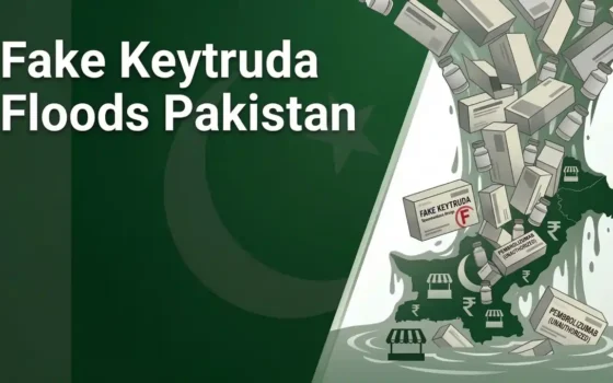 Banner image that shows boxes of fake pembrolizumab flooding into pakistan