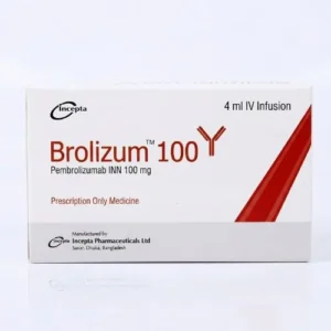 A front view of Brolizum (pembrolizumab) 100mg 4ml infusion box