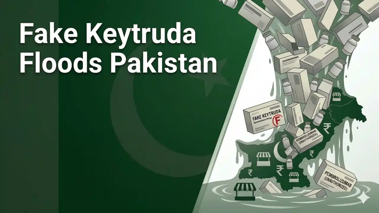 Banner image that shows boxes of fake pembrolizumab flooding into pakistan